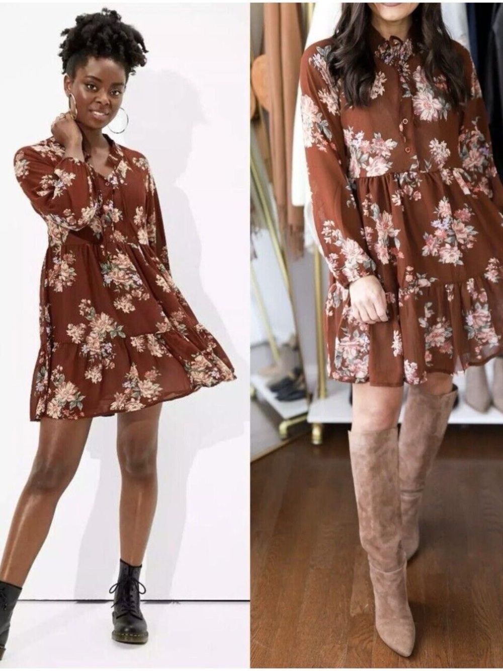 American Eagle Outfitters Floral Tiered Babydoll Dress in Rust Size Medium